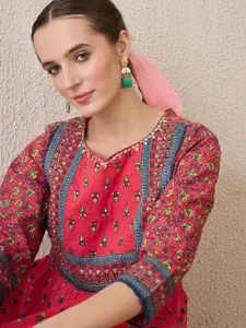 Indo Era Floral Printed Round Neck Fit & Flare Cotton Ethnic Dress