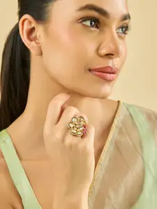 Kushal's Fashion Jewellery Embellished Bridal Victorian-Plated Kundan Peacock Design Ring