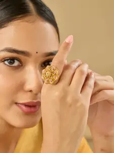 Kushal's Fashion Jewellery Gold-Plated Ruby Studded Ethnic Antique Finger Ring