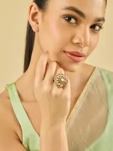 Kushal's Fashion Jewellery Embellished Bridal Victorian-Plated Kundan Peacock Design Ring