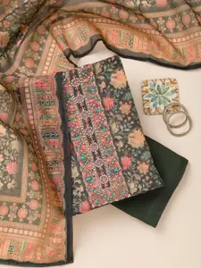 Koskii Floral Printed  Thread Work Chanderi Unstitched Dress Material