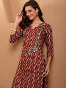 Sangria Women Rayon Yoke Embroidered Ajrak Printed Straight kurti