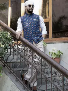KISAH Kantha Printed Mandarin Collar Nehru Jackets
