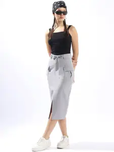Hubberholme Women High Rise Midi A-Line Korean Cargo Skirt