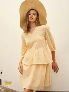 SASSAFRAS Women Embroidered Puff Sleeve Fit & Flare Dress