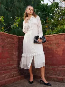 SASSAFRAS Dobby Puff Sleeve Fit & Flare Midi Dress