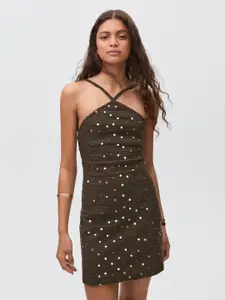 MANGO Open-Weave Sequinned Detail Shoulder Straps Crochet Party Mini Sheath Dress
