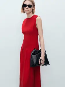 MANGO Pleated Detail Fit & Flare Midi Dress