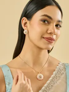 Kushal's Fashion Jewellery Ivory-Pink Gold-Plated Party Zircon Pendant Set