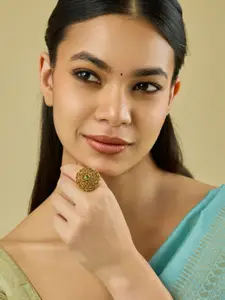 Kushal's Fashion Jewellery Gold-Plated Artificial Stones Studded Antique Finger Ring