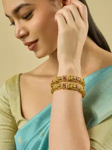 Kushal's Fashion Jewellery Set Of 2 Ruby Gold-Plated Ethnic Antique Bangles