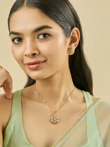 Kushal's Fashion Jewellery Pink-Mint Gold-Plated Party Zircon Pendant Set