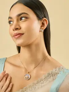 Kushal's Fashion Jewellery Ivory-Lavender Gold-Plated Party Zircon Pendant Set