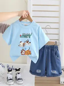 INCLUD Boys Animal Graphic Printed Round Neck T-shirt With Shorts