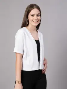 Style Quotient Women White Solid Cotton Open Front Smart Casual Shrug