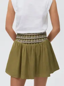 MANGO Cotton Linen Embroidered Waistband Mini Skirt
