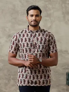Ramraj Paisley Printed Band Collar Cotton Straight Short Kurta