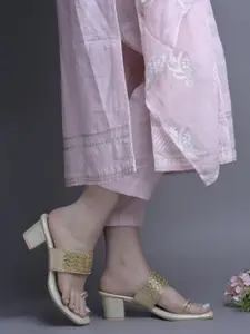 JM Looks Block Heel Slip-On Sandals with Glitter Strap & Toe Ring for Womens