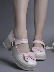 JM Looks Women Stylish Comfortable Block Heel Bow Mary Jane with Adjustable Straps Heel