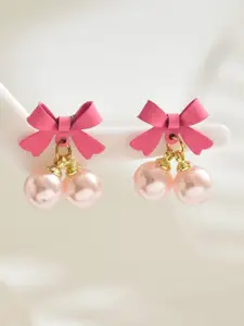 KRENOZ Gold-Plated Pearls Studded Bow Shaped Drop Earrings