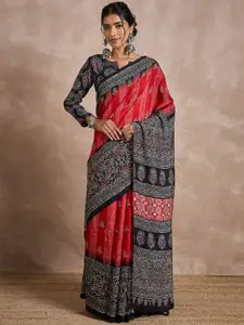 Anouk  Women modal Ajrak Block Print Saree with Blouse Piece