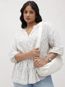 The Roadster Lifestyle Co. Plus Size Floral Print Mandarin Collar Puff Sleeve Longline Top