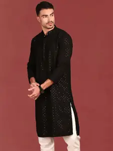 Anouk Floral Embroidered Chikankari Sequinned Mandarin Collar Straight Kurta