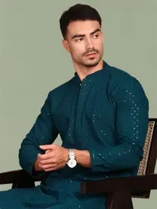 Anouk Floral Embroidered Chikankari Sequinned Mandarin Collar Straight Kurta