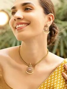 Rubans 22K Gold-Plated Pastel Pink Stone White Cubic Zirconia & Pearl Beaded Necklace Set