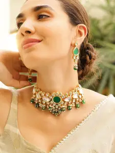 Rubans 22K Gold-Plated Emerald Kundan Studded Choker Necklace Set with Green & Cream Beads