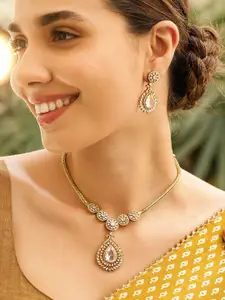 Rubans 22K Gold-Plated White Cubic Zirconia Studded Floral Motif Necklace Set