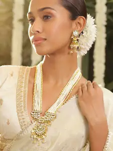 Rubans 22K Gold-Plated Kundan Studded Multi-Strand Pearl & Gold Beaded Necklace Set