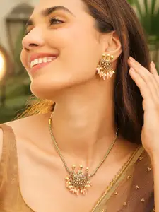 Rubans 22K Gold-Plated Mint Green Ruby Pink Stone & Pastel Pink Bead Crescent Necklace Set