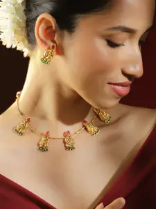 Rubans 18K Gold-Plated Ruby & Emerald Studded Peacock & Floral Motifs Temple Necklace Set