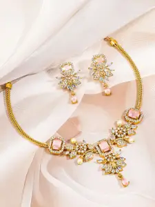 Rubans 22K Gold-Plated Peach Pink Stone White Cubic Zirconia & Pearl Floral Necklace Set