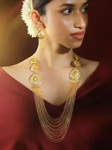 Rubans 18K Gold-Plated Textured Disc & Multi-Layer Beaded Statement Necklace Set