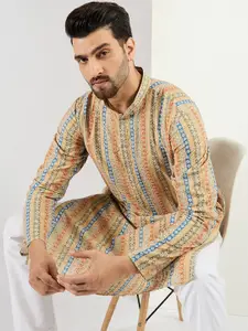House of Pataudi Geometric Embroidered Mandarin Collar Chikankari Straight Kurta