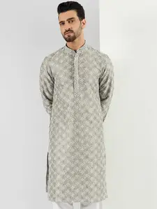 House of Pataudi Floral Embroidered Mandarin Collar Chikankari Straight Kurta