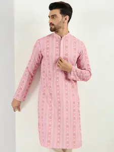 House of Pataudi Floral Embroidered Mandarin Collar Chikankari Straight Kurta