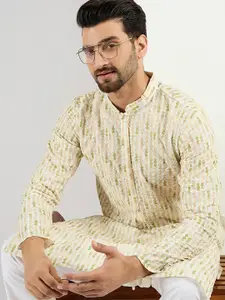 House of Pataudi Floral Embroidered Mandarin Collar Chikankari Straight Kurta