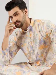 House of Pataudi Abstract Embroidered Mandarin Collar Chikankari Straight Kurta
