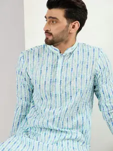 House of Pataudi Floral Embroidered Mandarin Collar Thread Work Straight Kurta