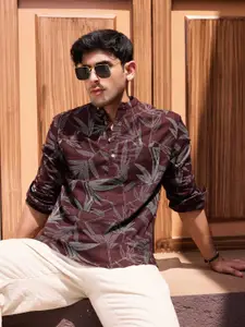 VASTRADO Dotted Leaf Printed Band Collar Cotton Straight Short Kurta