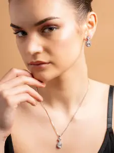 PANASH Silver-Plated Cubic Zirconia Stone Studded Pendant With Chain With Earrings