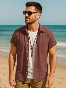 R.Code by The Roadster Life Co. Men Textured Spread Collar Casual Shirt