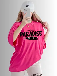 Leotude Women Typography Printed Round Neck Cotton Oversized T-shirt