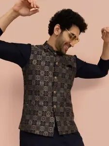 KISAH Men Navy Blue Jacquard Geometric Nehru Jackets