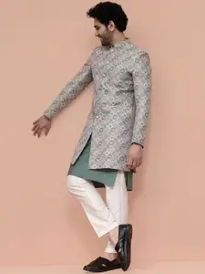 KISAH Men Off White Geometric Kurta Indo-western Sherwani Trouser Set