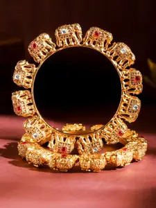 Rubans 22K Gold-Plated Ruby Red & White Stone Studded Elephant Motif Bangles