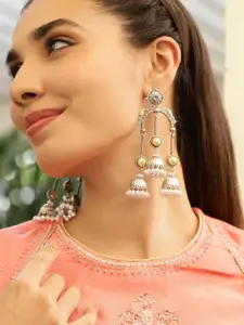 Rubans Silver Plated Pearls Beaded Floral Triple Layer Long  Oxidised Jhumkas